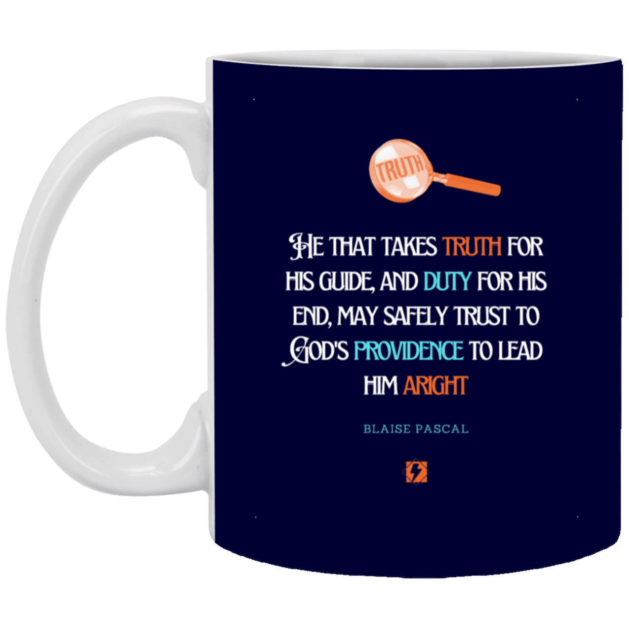 Ceramic Standard Mug 11oz with inspiring Pascal quote: BP103 - Truth and Duty attains Providence - Color: Navy