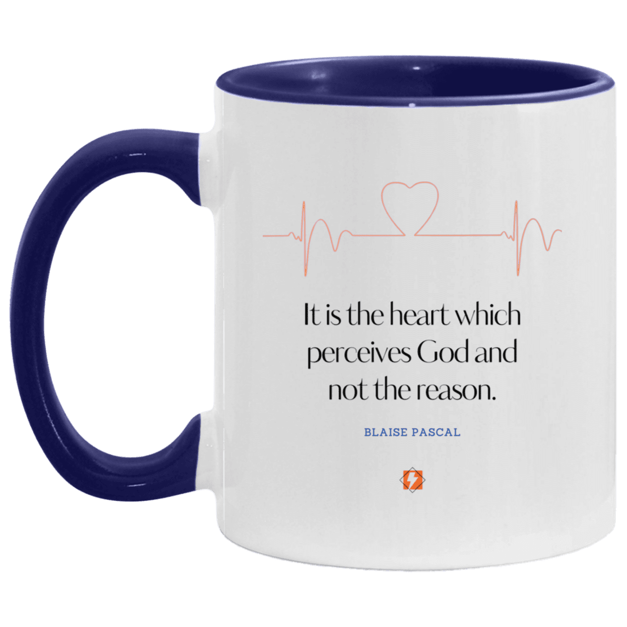 Ceramic Standard Mug 11oz with inspiring Pascal quote: BP105 - God is perceived in the heart - Color: White/Midnight Blue