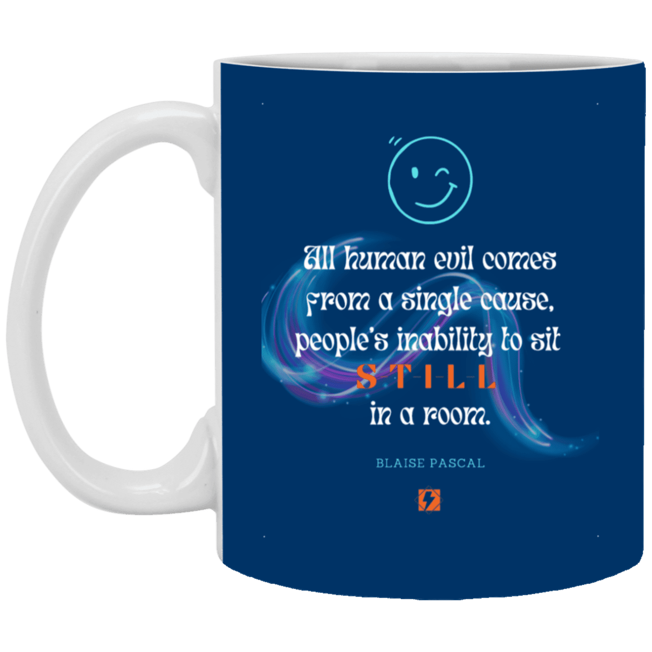 Ceramic Standard Mug 11oz with inspiring Pascal quote: BP101 - Importance of keeping still - Color: Royal