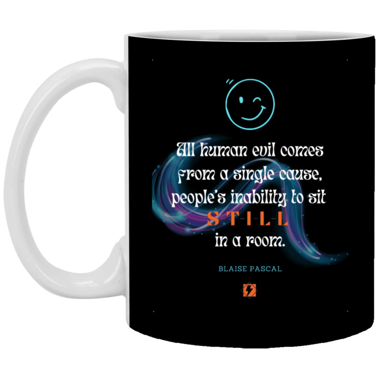 Ceramic Standard Mug 11oz with inspiring Pascal quote: BP101 - Importance of keeping still - Color: Black White