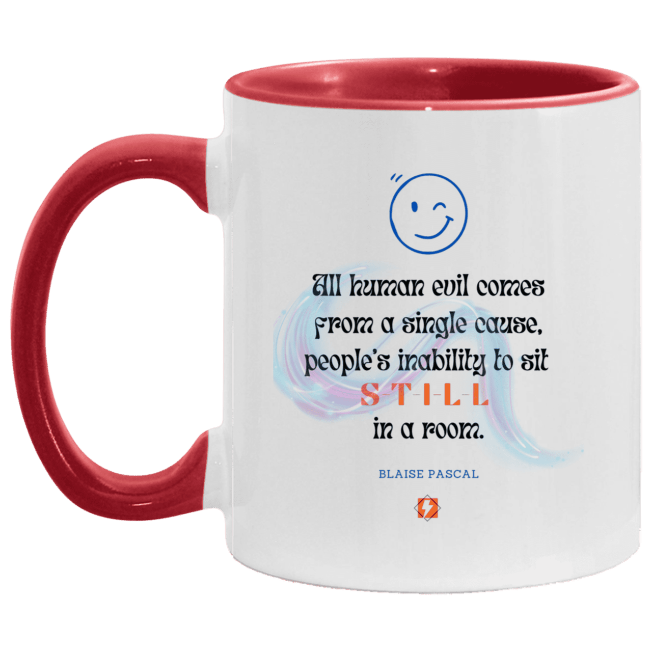 Ceramic Standard Mug 11oz with inspiring Pascal quote: BP101 - Importance of keeping still - Color: White/Red