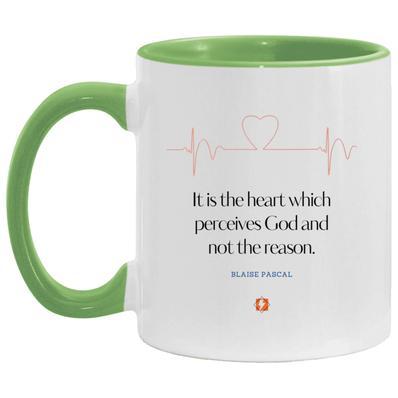 Ceramic Standard Mug 11oz with inspiring Pascal quote: BP105 - God is perceived in the heart - Color: White/Light Green