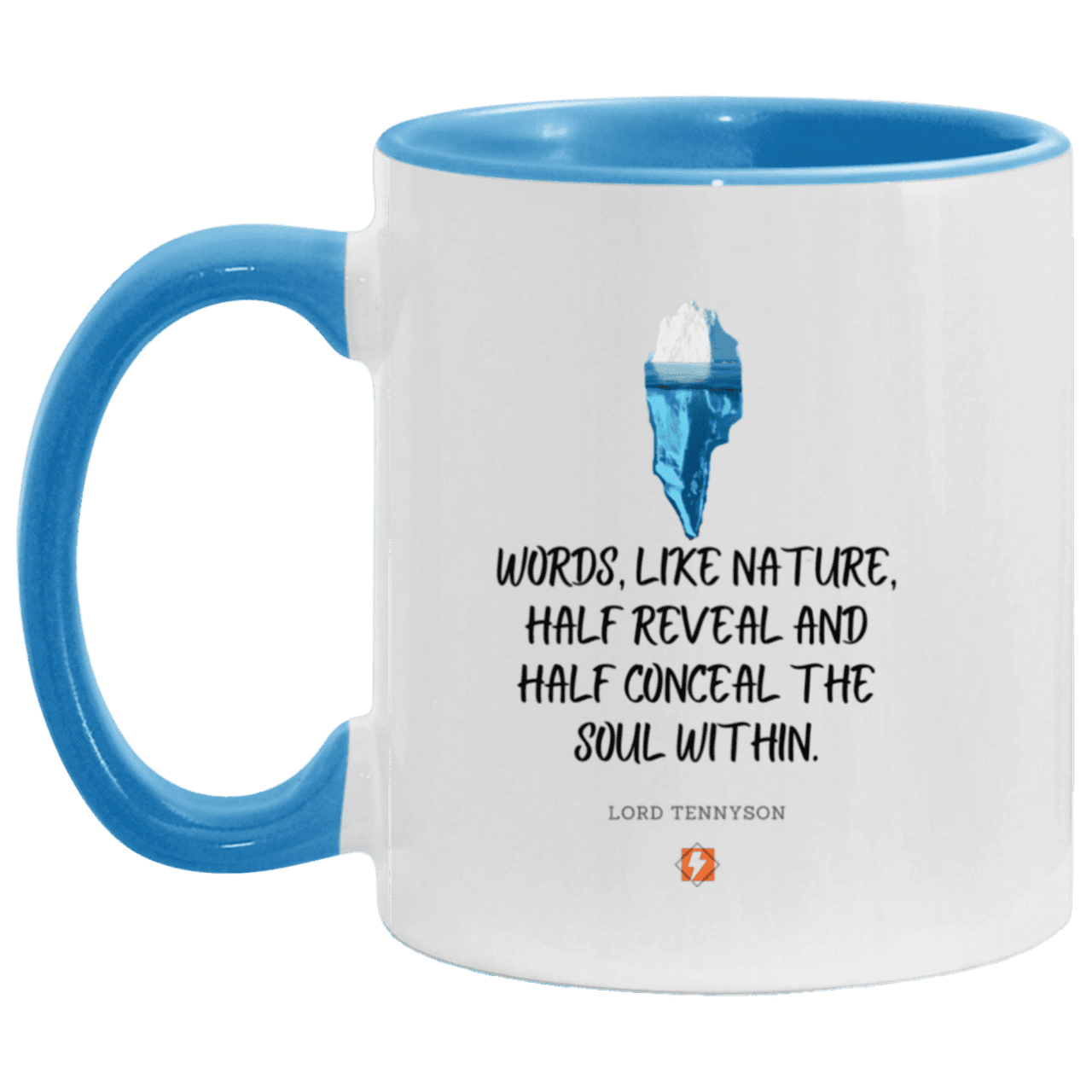 Ceramic Standard Mug 11oz with inspiring Tennyson quote: LT120 - Words both reveal and conceal the soul within - Color: White/Light Blue