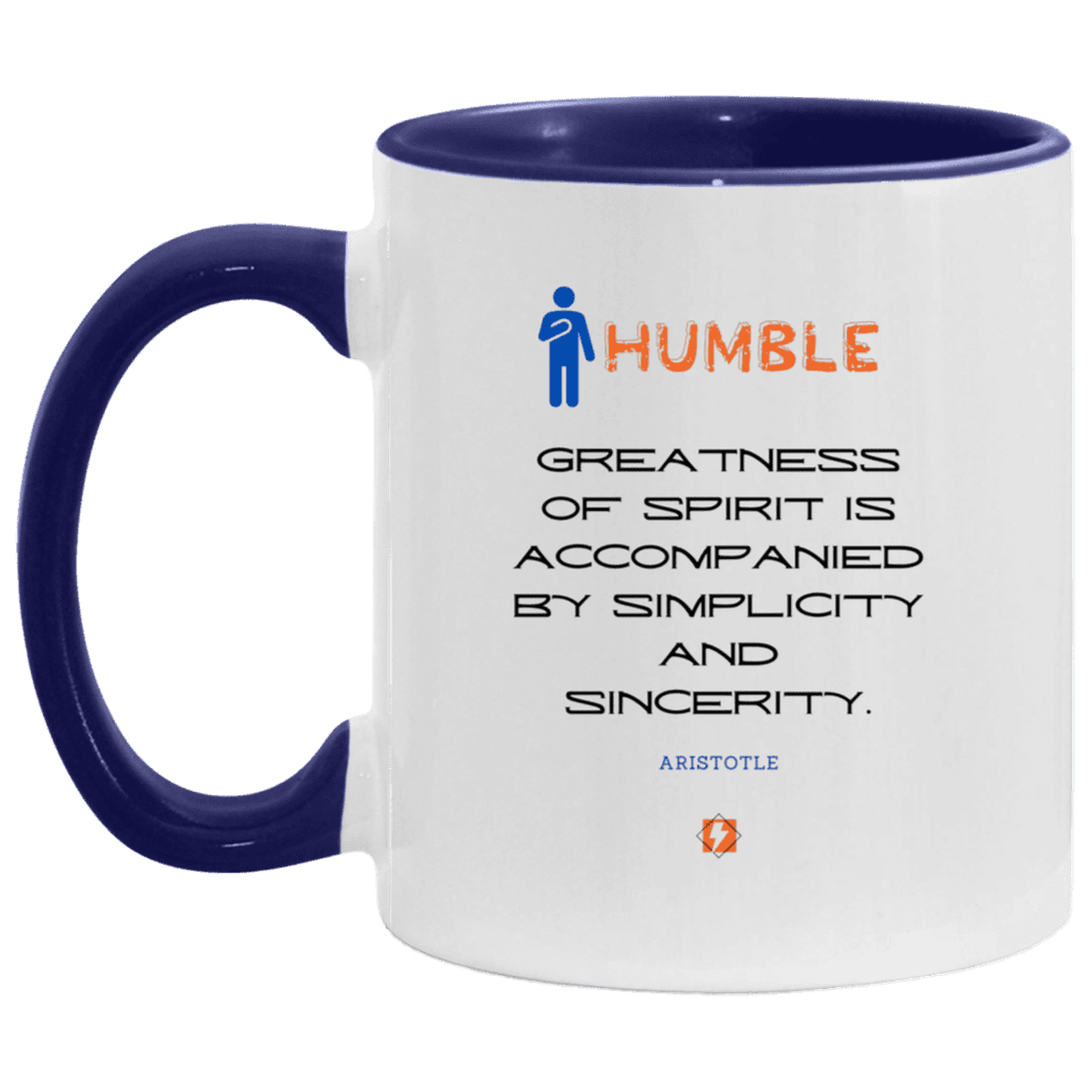 Ceramic Standard Mug 11oz with inspiring Aristotle quote: A111 - Staying humble elevates greatness - Color: White/Midnight Blue