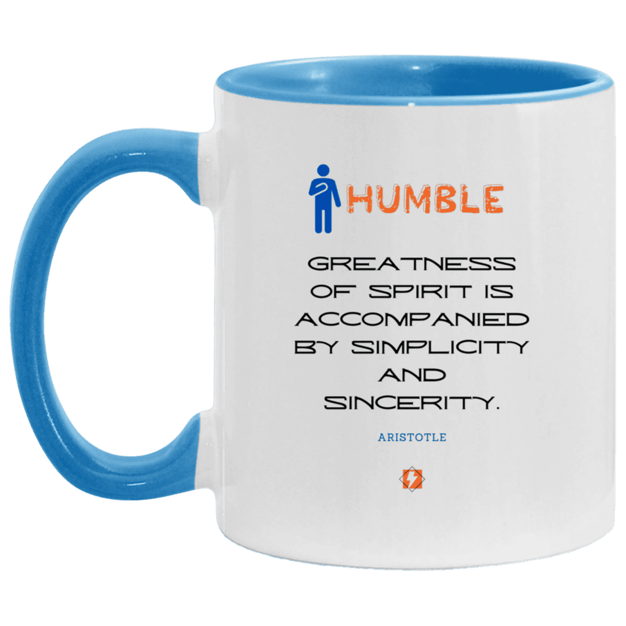 Ceramic Standard Mug 11oz with inspiring Aristotle quote: A111 - Staying humble elevates greatness - Color: White/Light Blue