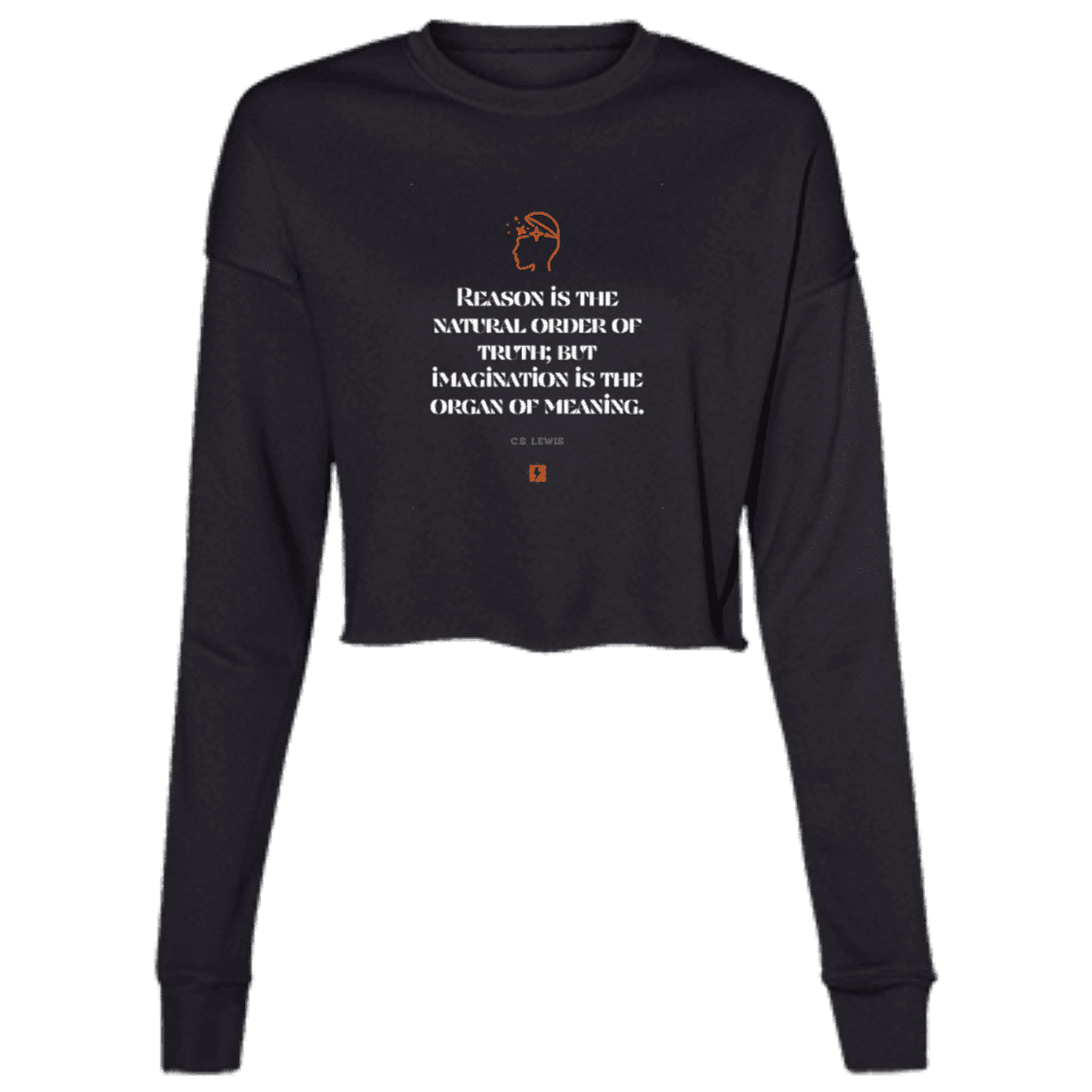 Ladies' Cropped Fleece Crew with inspiring CS Lewis quote: CS113 - Truth and meaning require reason and imagination - Color: Black