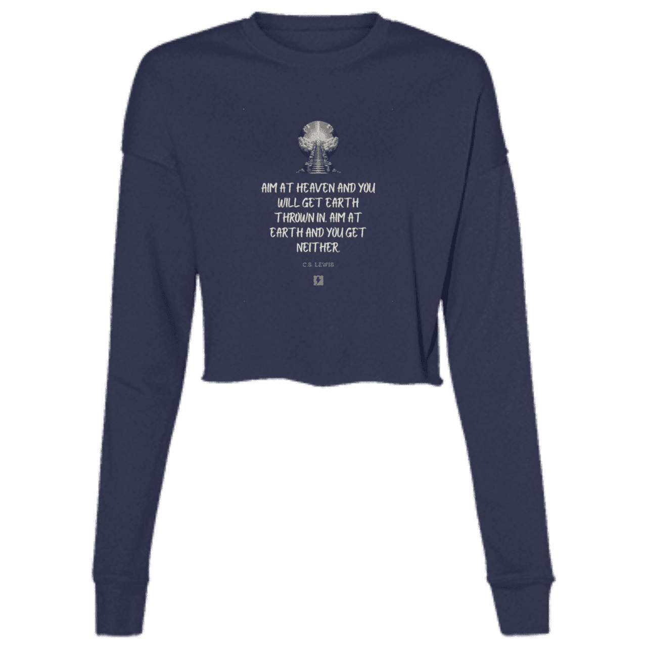 Ladies' Cropped Fleece Crew with inspiring CS Lewis quote: CS101 - Aim for heaven - Color: Navy