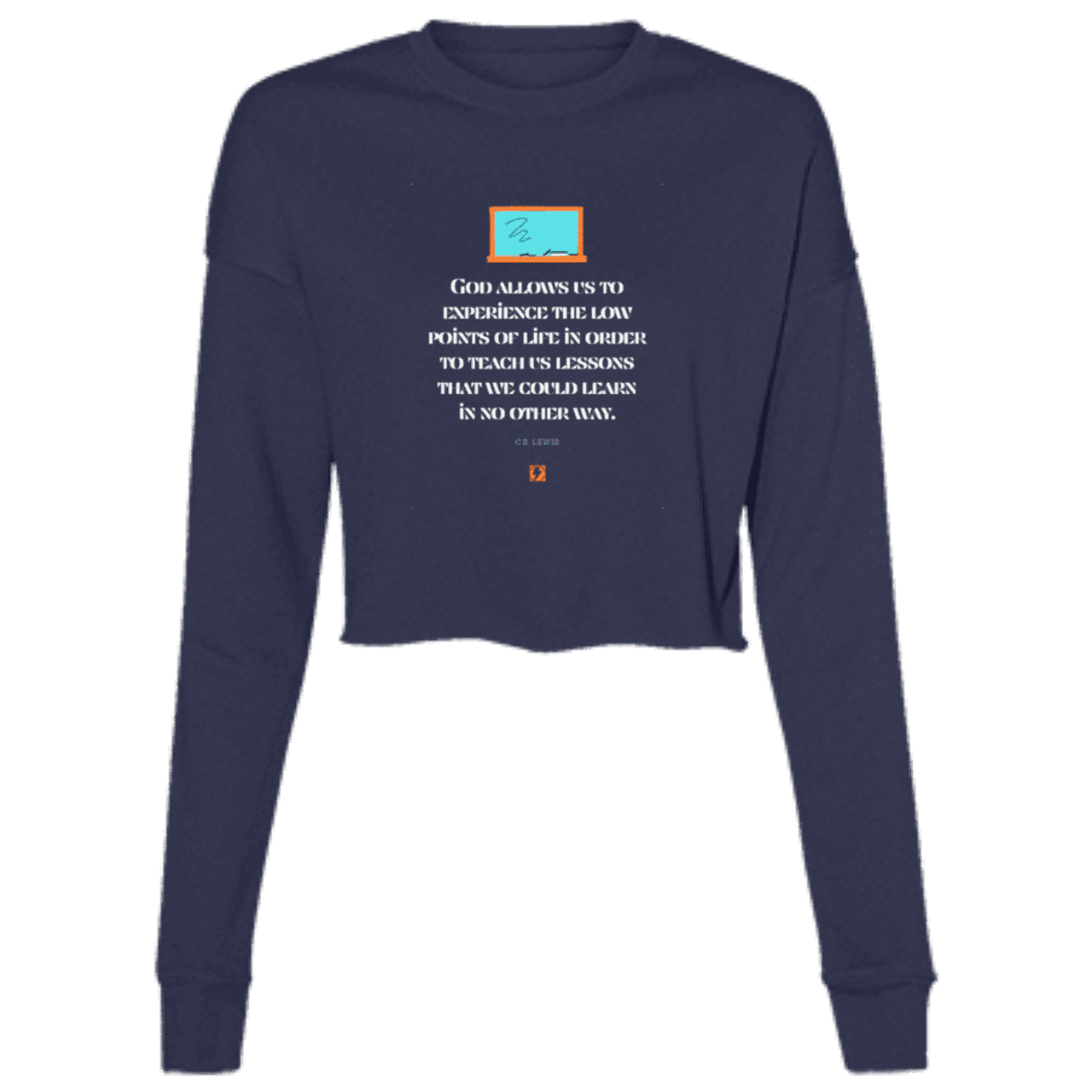 Ladies' Cropped Fleece Crew with inspiring CS Lewis quote: CS105 - Lowpoints are lessons - Color: Navy