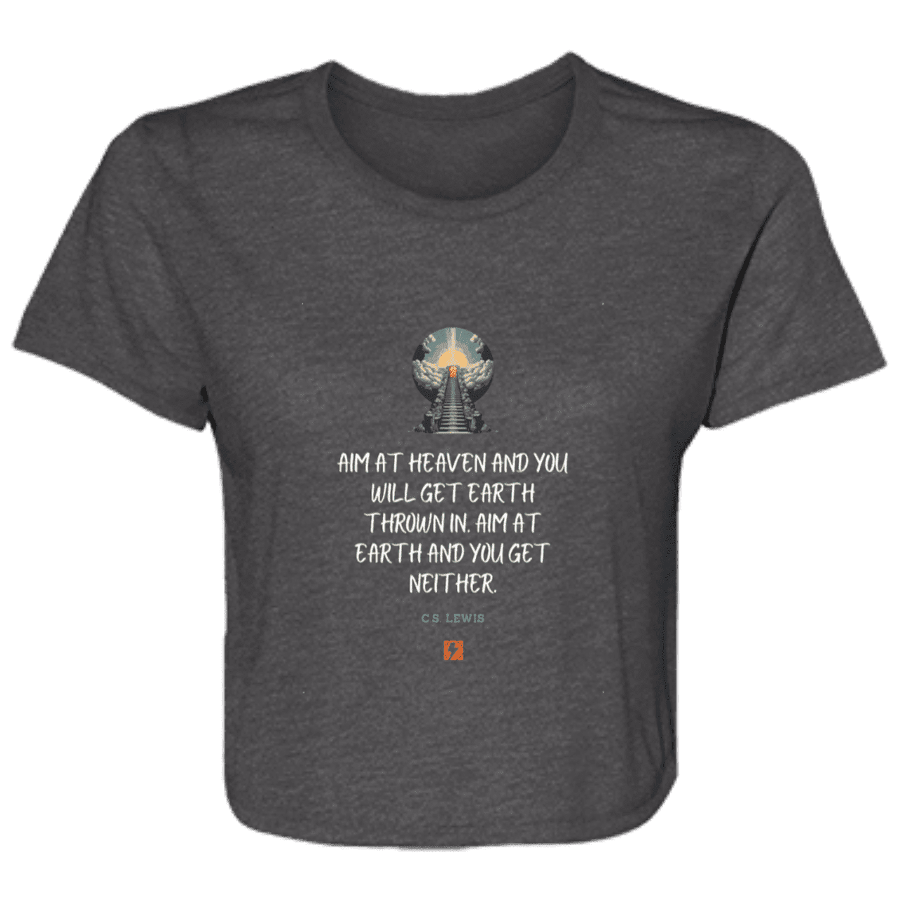 Ladies' Flowy Cropped Tee with inspiring CS Lewis quote: CS101 - Aim for heaven - Color: Dark Grey Heather