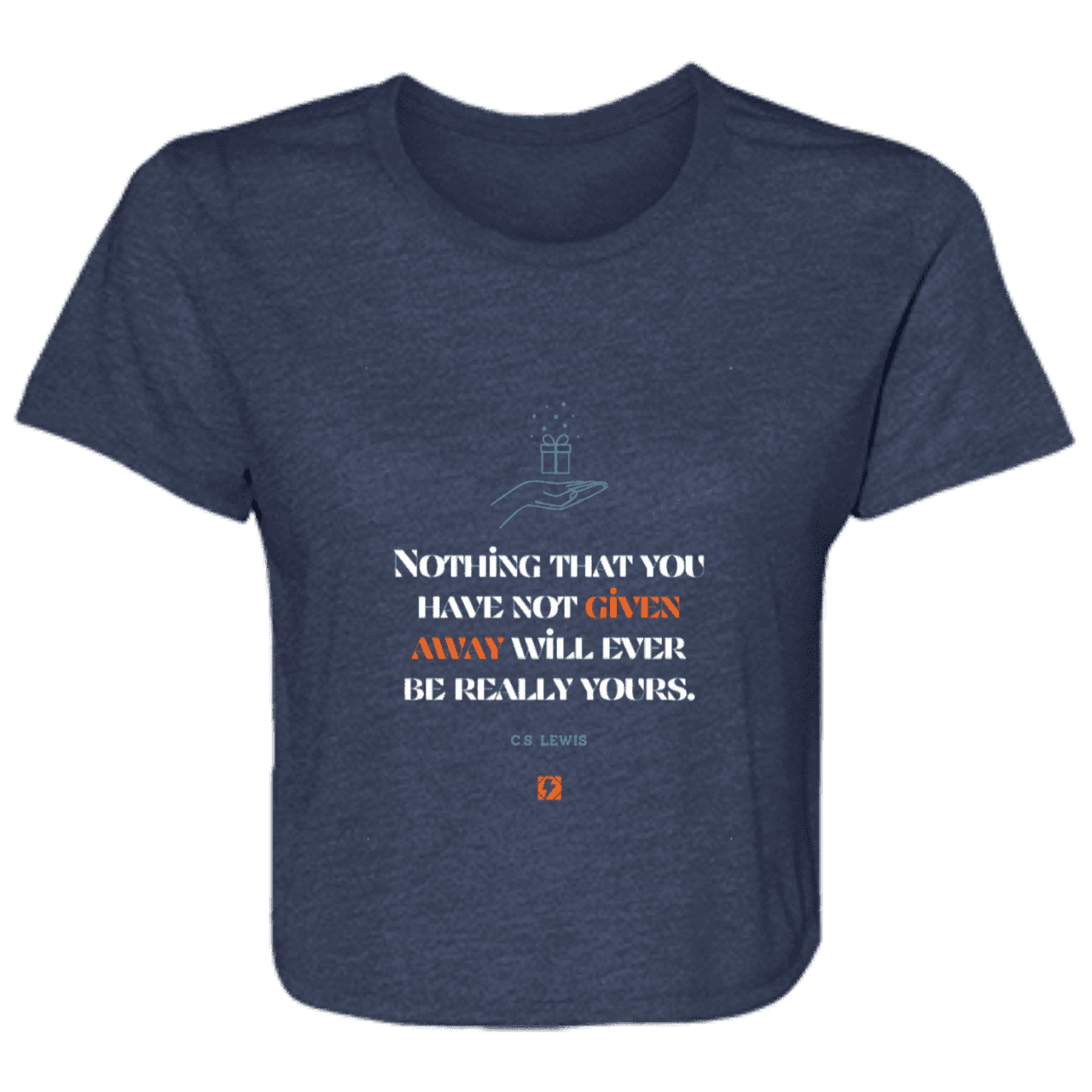 Ladies' Flowy Cropped Tee with inspiring CS Lewis quote: CS111 - Give away to possess it - Color: Navy