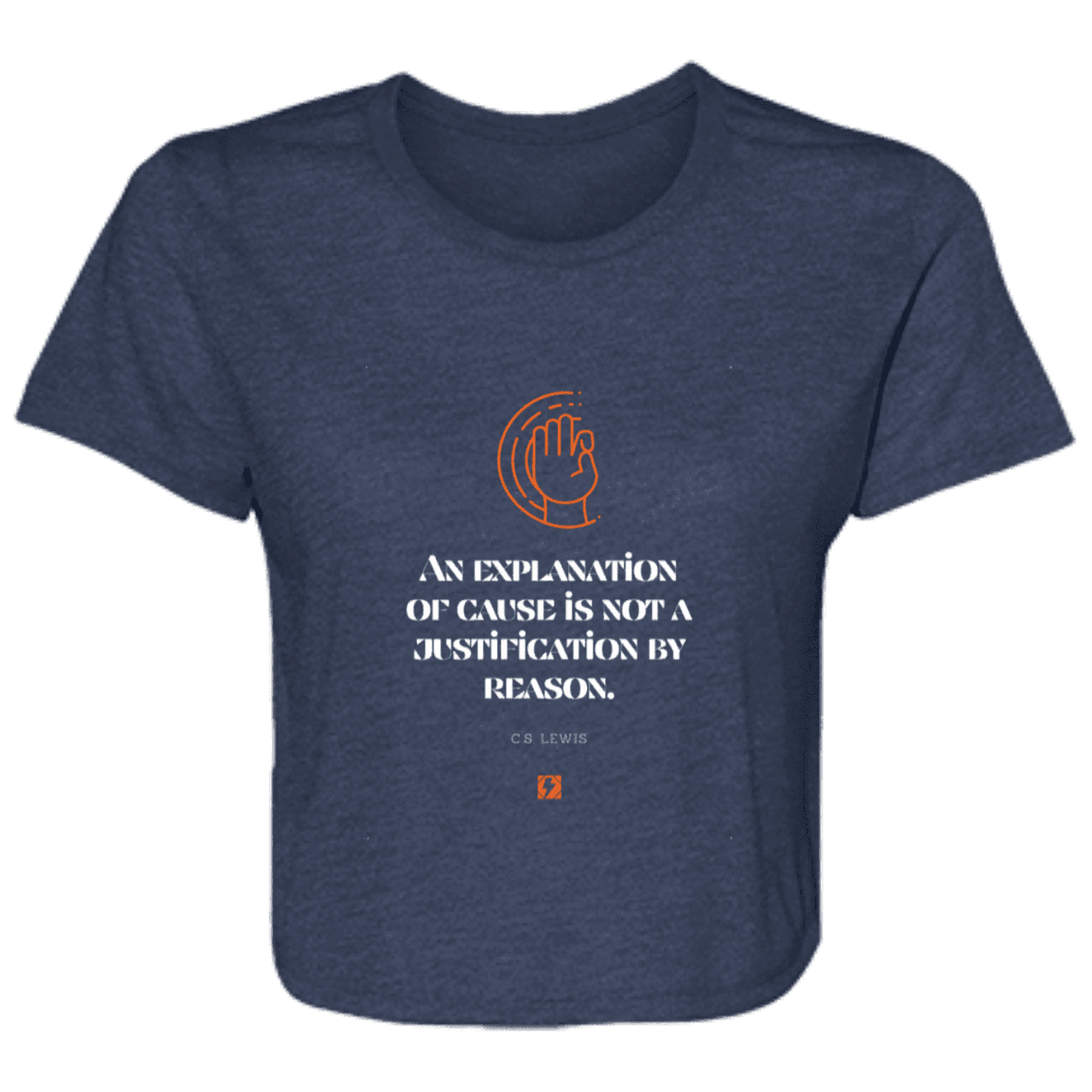 Ladies' Flowy Cropped Tee with inspiring CS Lewis quote: CS102 - Explanations Vs Justifications - Color: Navy