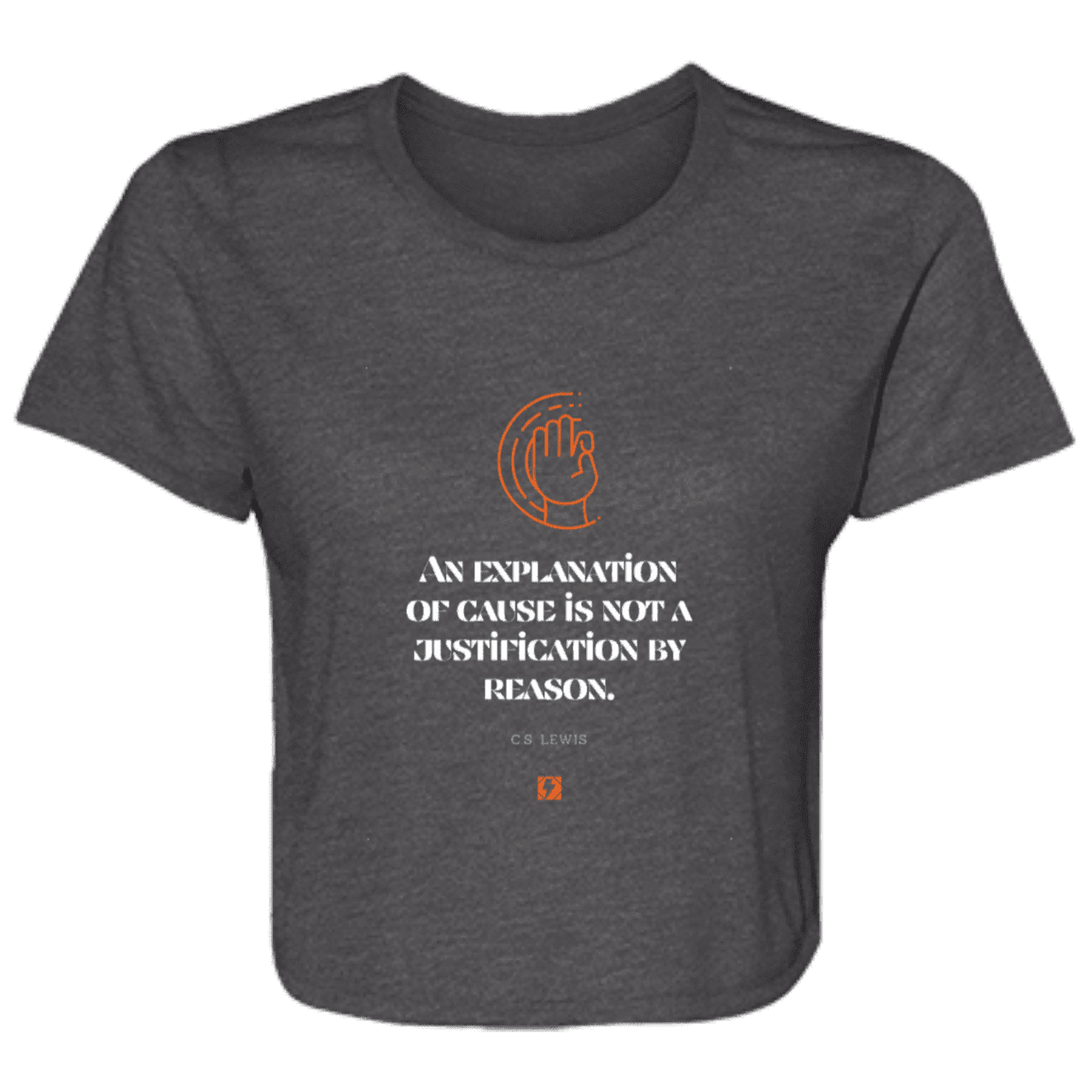 Ladies' Flowy Cropped Tee with inspiring CS Lewis quote: CS102 - Explanations Vs Justifications - Color: Dark Grey Heather