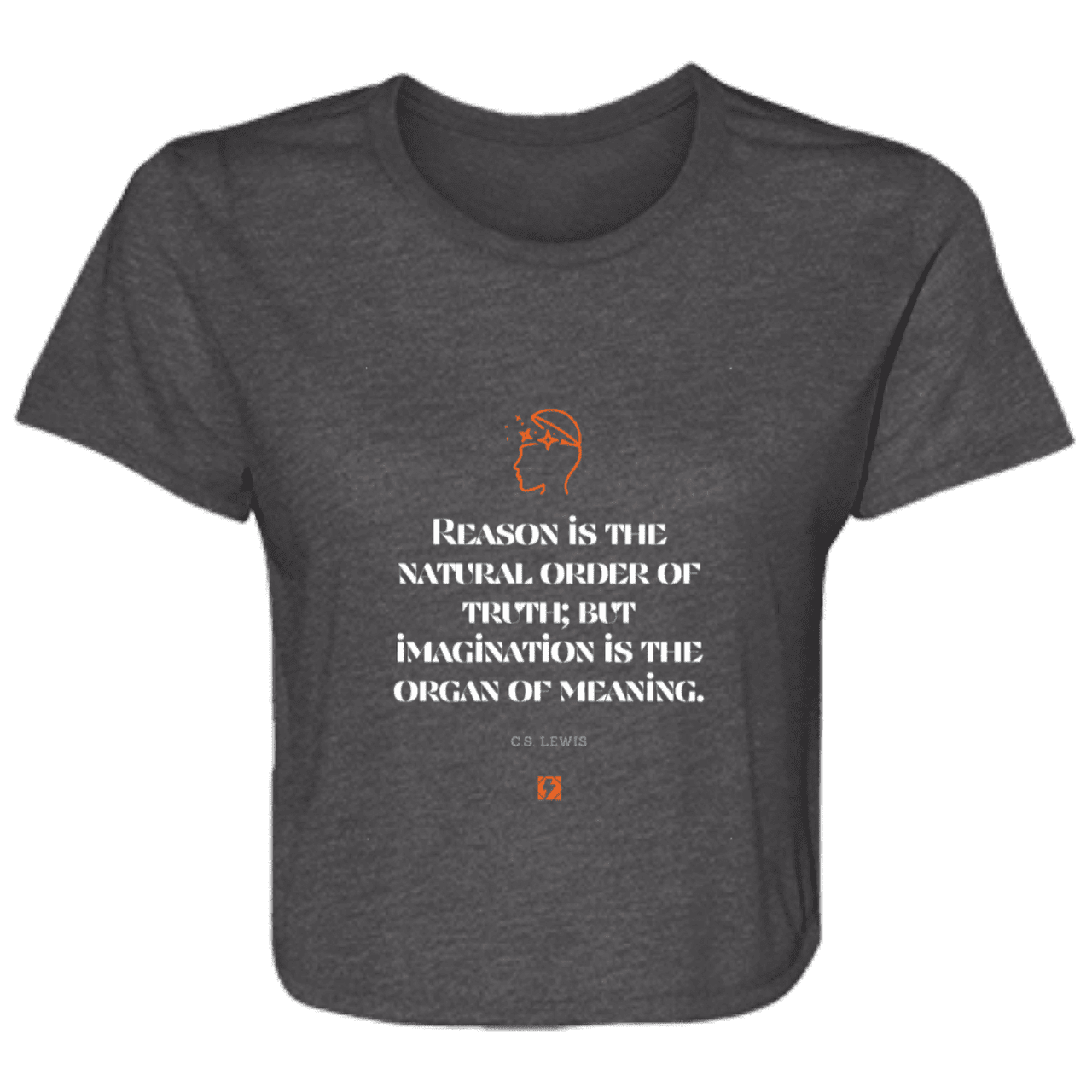 Ladies' Flowy Cropped Tee with inspiring CS Lewis quote: CS113 - Truth and meaning require reason and imagination - Color: Dark Grey Heather