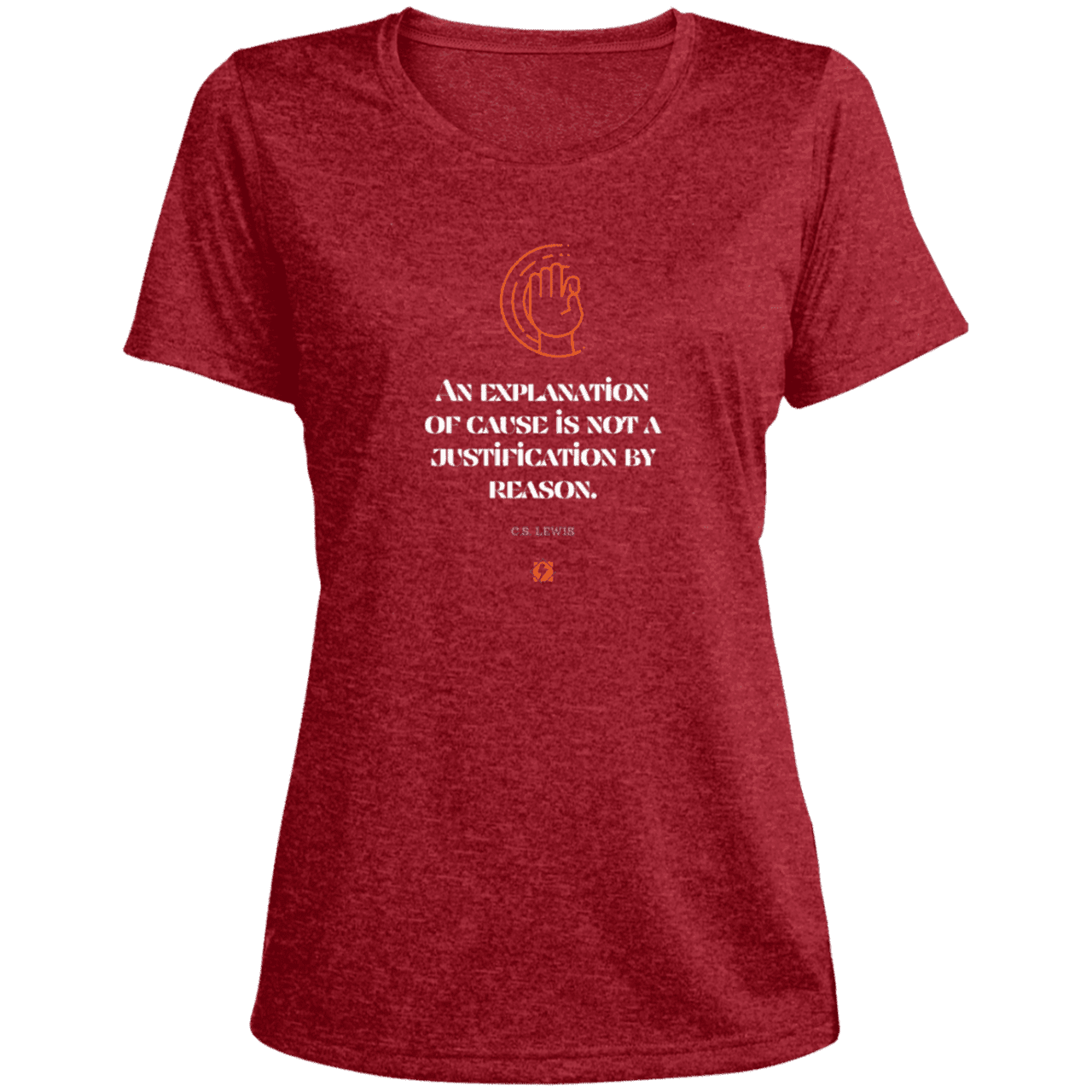 Ladies' Heather Scoop Neck Performance Tee with inspiring CS Lewis quote: CS102 - Explanations Vs Justifications - Color: Scarlet Heather