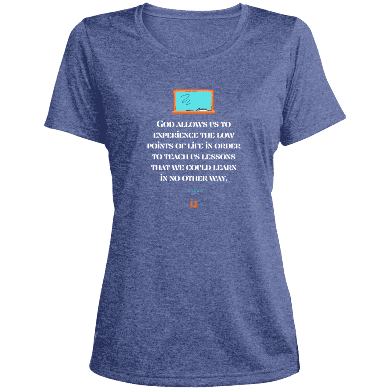 Ladies' Heather Scoop Neck Performance Tee with inspiring CS Lewis quote: CS105 - Lowpoints are lessons - Color: True Royal Heather