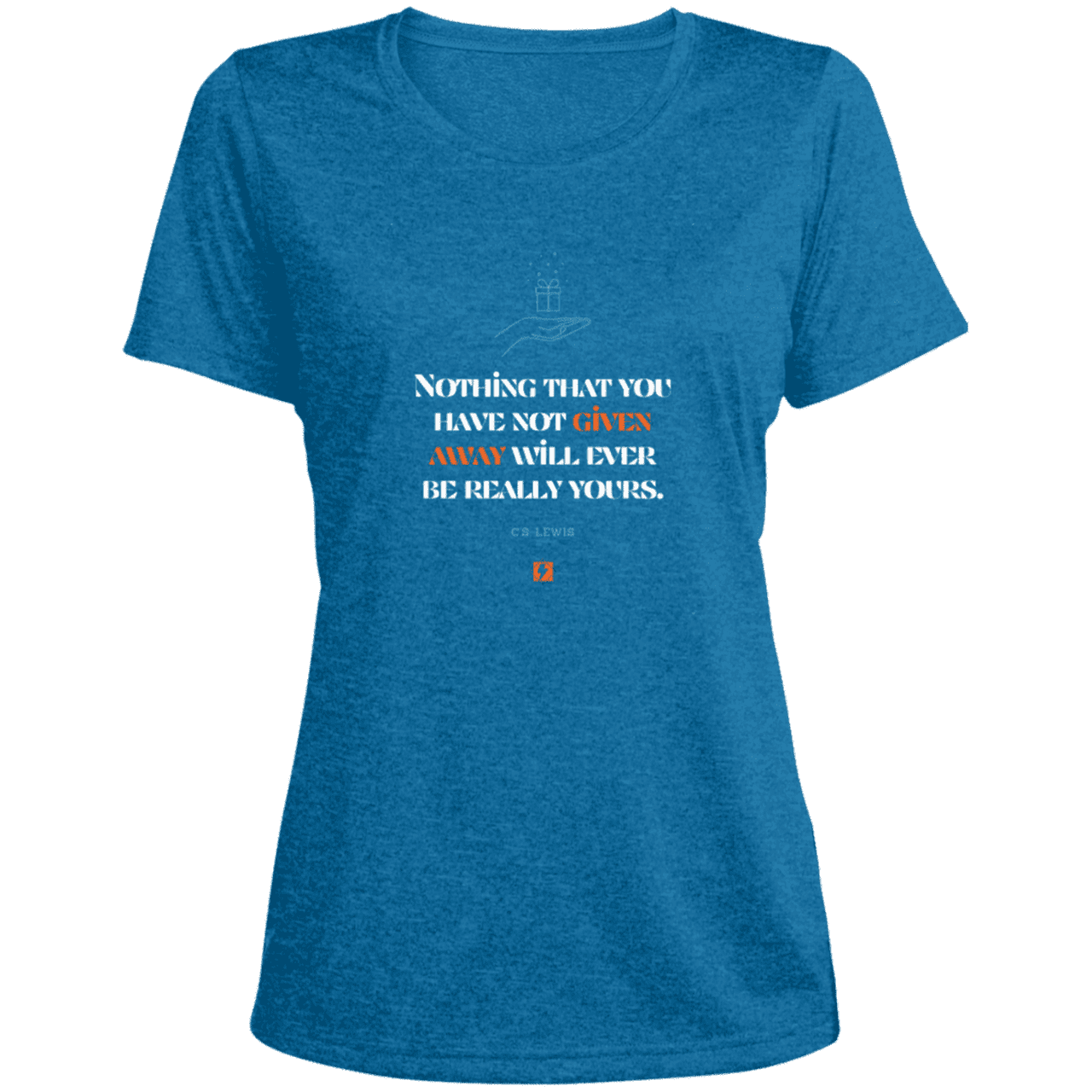 Ladies' Heather Scoop Neck Performance Tee with inspiring CS Lewis quote: CS111 - Give away to possess it - Color: Blue Wake Heather