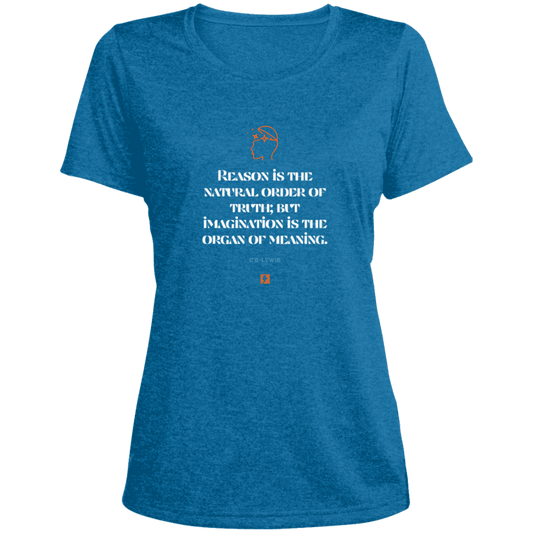 Ladies' Heather Scoop Neck Performance Tee with inspiring CS Lewis quote: CS113 - Truth and meaning require reason and imagination - Color: Blue Wake Heather