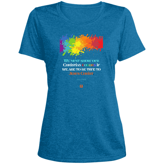 Ladies' Heather Scoop Neck Performance Tee with inspiring CS Lewis quote: CS117 - Show your Christian colors to be true - Color: Blue Wake Heather