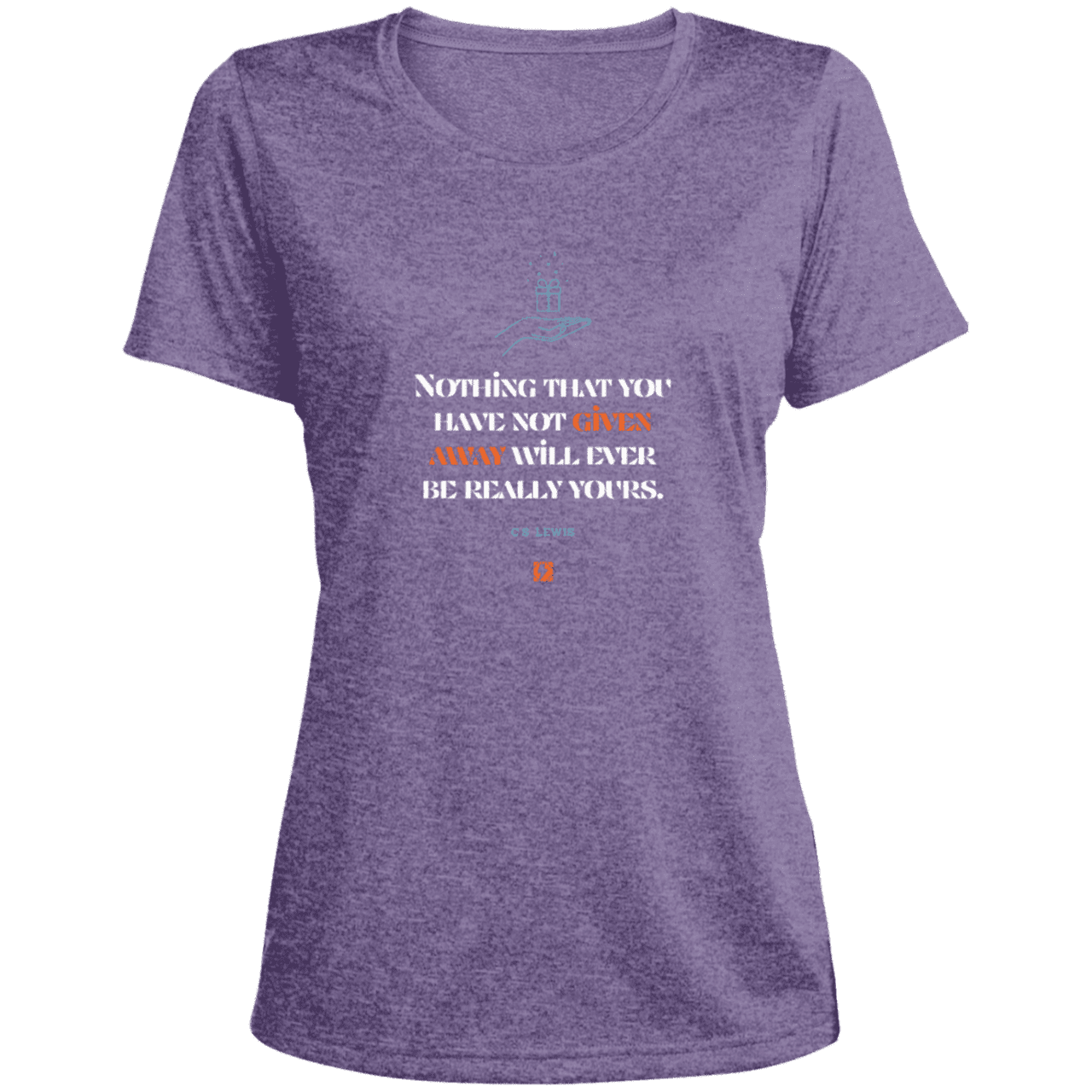 Ladies' Heather Scoop Neck Performance Tee with inspiring CS Lewis quote: CS111 - Give away to possess it - Color: Purple Heather