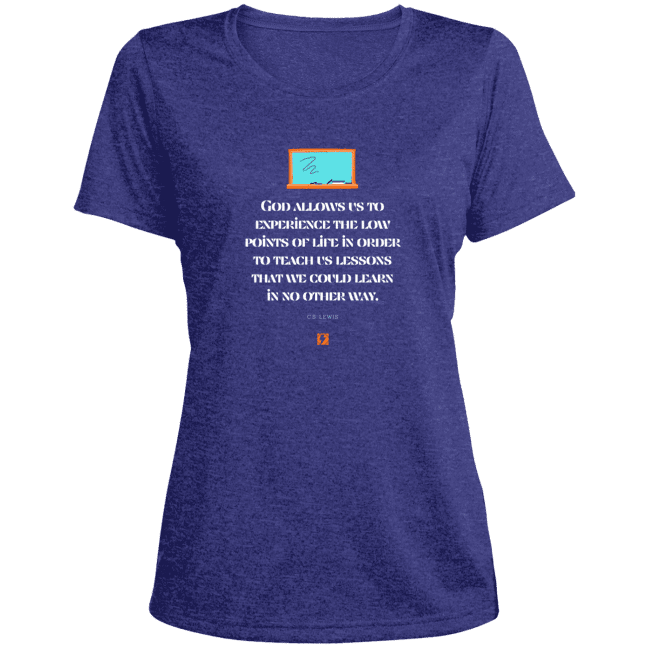 Ladies' Heather Scoop Neck Performance Tee with inspiring CS Lewis quote: CS105 - Lowpoints are lessons - Color: Cobalt Heather