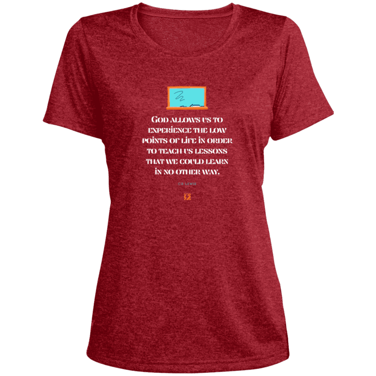 Ladies' Heather Scoop Neck Performance Tee with inspiring CS Lewis quote: CS105 - Lowpoints are lessons - Color: Scarlet Heather