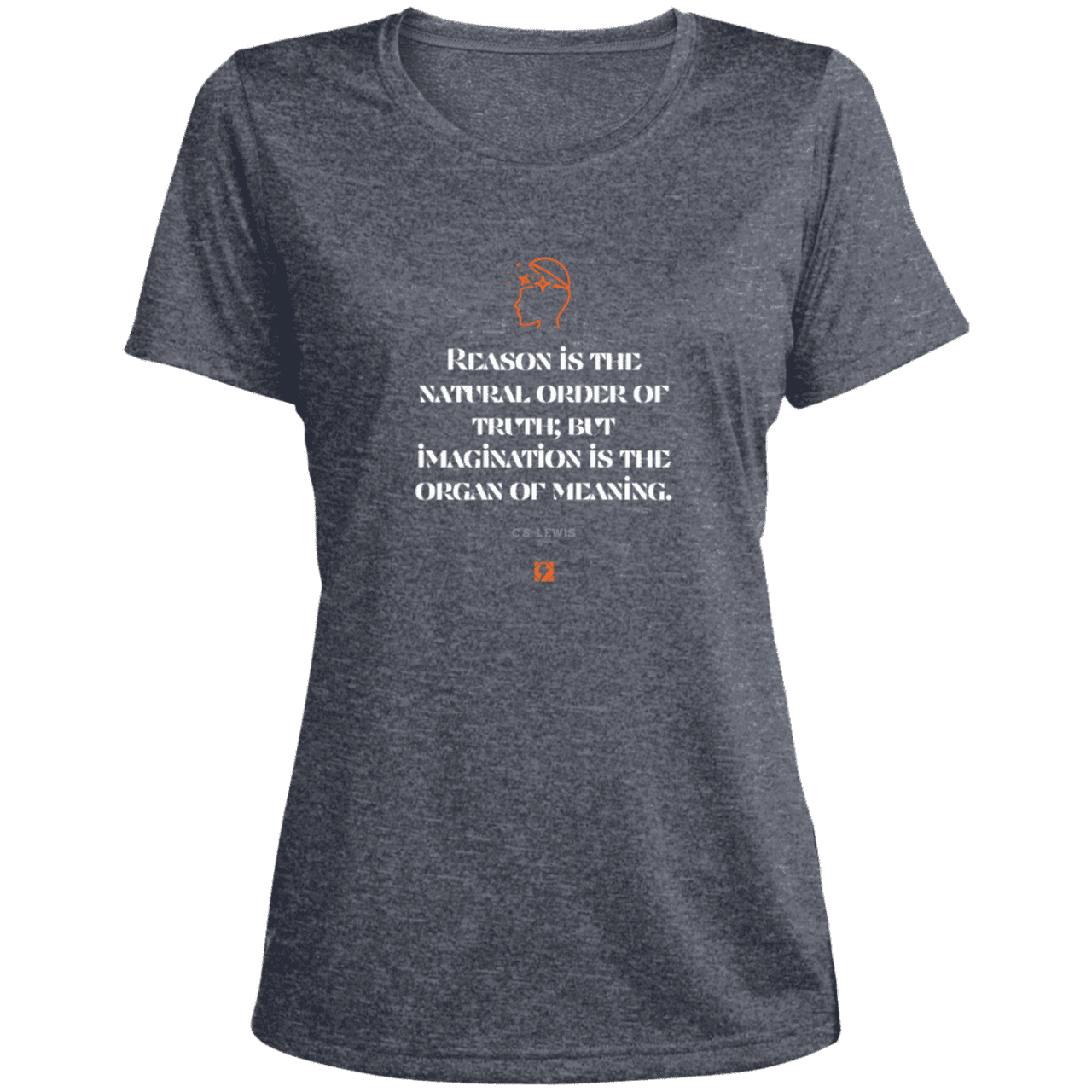 Ladies' Heather Scoop Neck Performance Tee with inspiring CS Lewis quote: CS113 - Truth and meaning require reason and imagination - Color: True Navy Heather