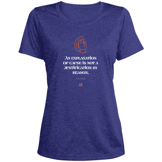 Ladies' Heather Scoop Neck Performance Tee with inspiring CS Lewis quote: CS102 - Explanations Vs Justifications - Color: Cobalt Heather