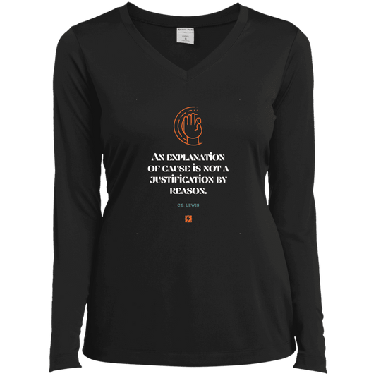 Ladies’ LS Performance V-Neck Tee with inspiring CS Lewis quote: CS102 - Explanations Vs Justifications - Color: Black