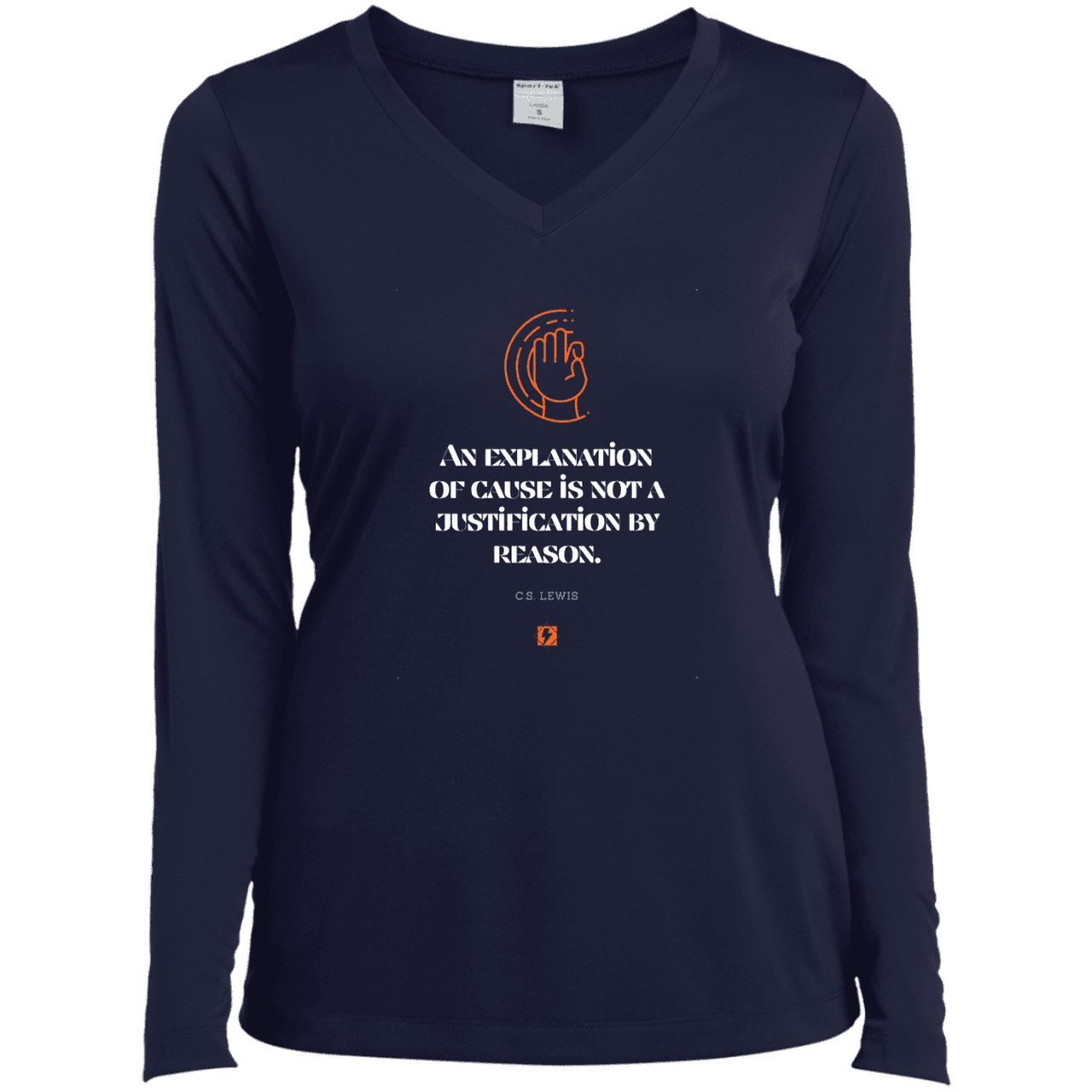 Ladies’ LS Performance V-Neck Tee with inspiring CS Lewis quote: CS102 - Explanations Vs Justifications - Color: True Navy