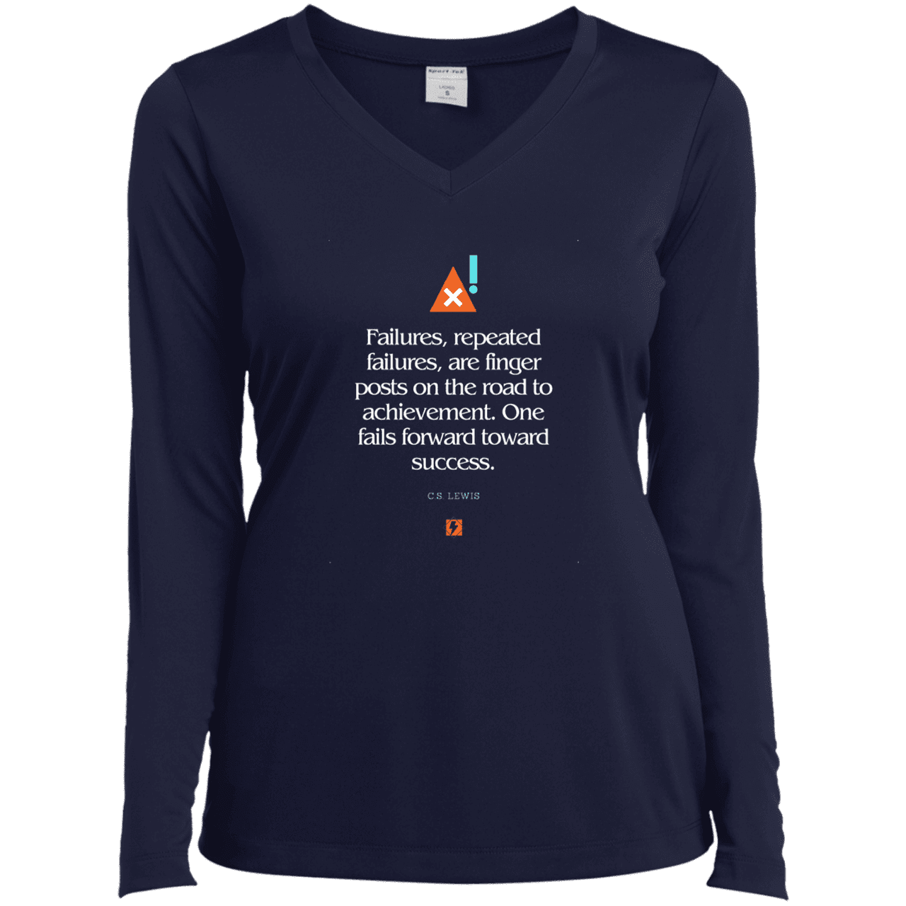 Ladies’ LS Performance V-Neck Tee with inspiring CS Lewis quote: CS104 - Failures to Success - Color: True Navy