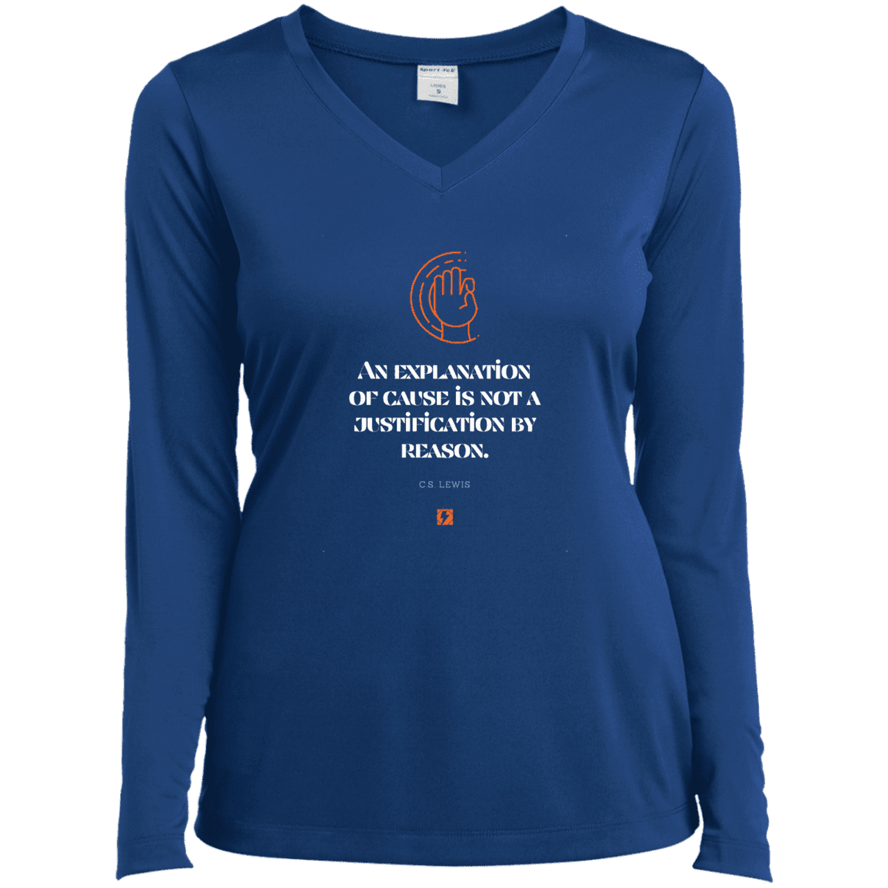 Ladies’ LS Performance V-Neck Tee with inspiring CS Lewis quote: CS102 - Explanations Vs Justifications - Color: True Royal