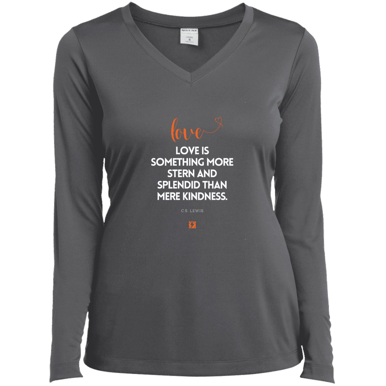 Ladies’ LS Performance V-Neck Tee with inspiring CS Lewis quote: CS109 - Love is more than kindness - Color: Iron Grey