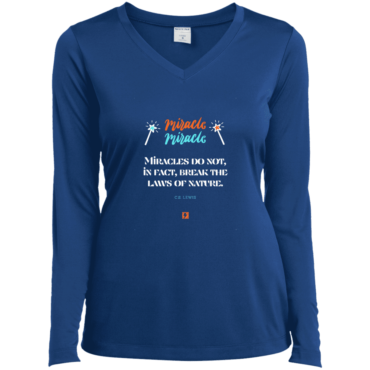 Ladies’ LS Performance V-Neck Tee with inspiring CS Lewis quote: CS110 - Miracles do not break natural laws - Color: True Royal