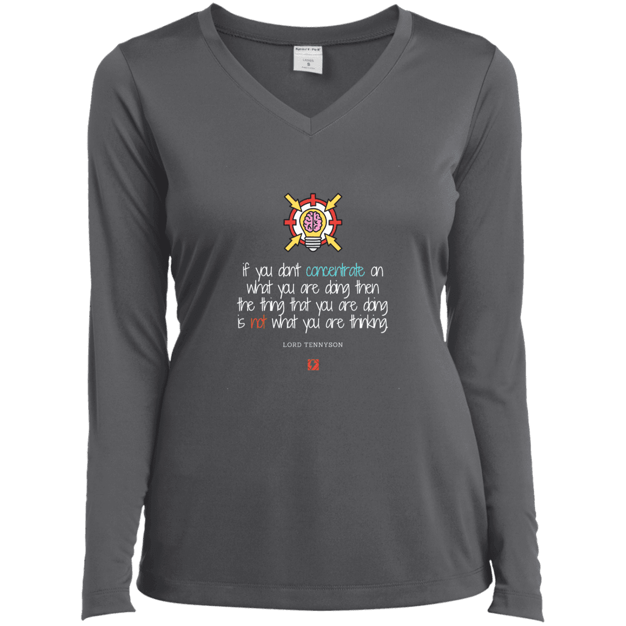 Ladies’ LS Performance V-Neck Tee with inspiring Tennyson quote: LT105 - Concentrate on your task - DUPLICATE - Color: Iron Grey