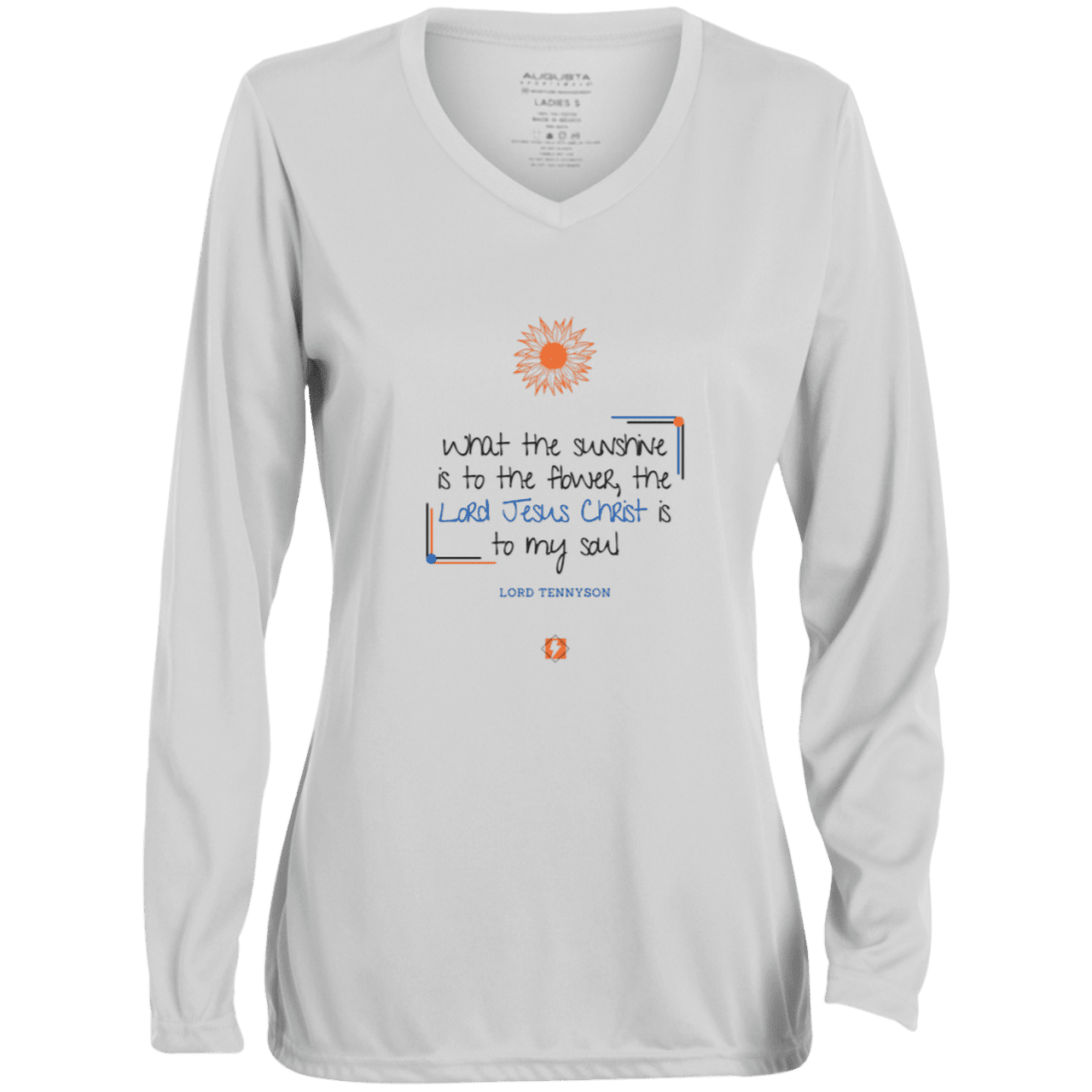 Ladies' Moisture-Wicking LS V-Neck T-Shirt with inspiring Tennyson quote: LT119 - A personal profession of faith by Tennyson - Color: White