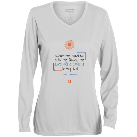 Ladies' Moisture-Wicking LS V-Neck T-Shirt with inspiring Tennyson quote: LT119 - A personal profession of faith by Tennyson - Color: White