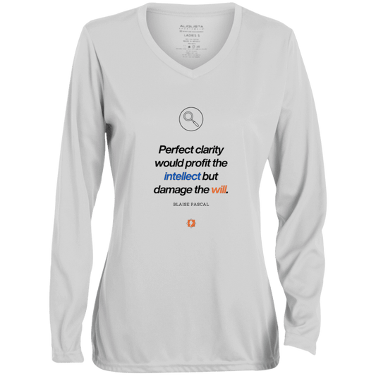 Ladies' Moisture-Wicking LS V-Neck T-Shirt with inspiring Pascal quote: BP109 - Clarity sometimes leads to inaction - Color: White