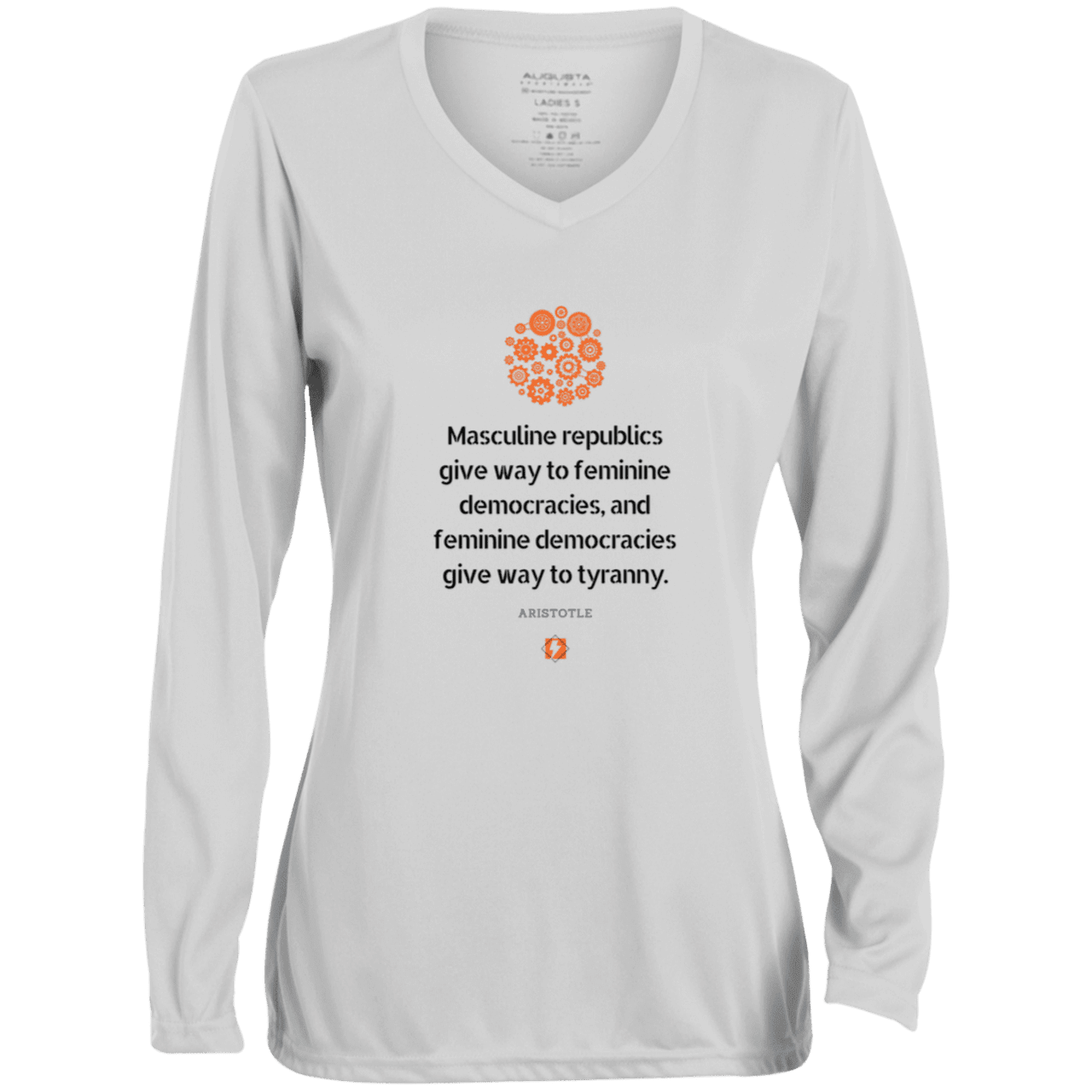 Ladies' Moisture-Wicking LS V-Neck T-Shirt with inspiring Aristotle quote: A121 - Republic to Democracy to Tyranny - Color: White