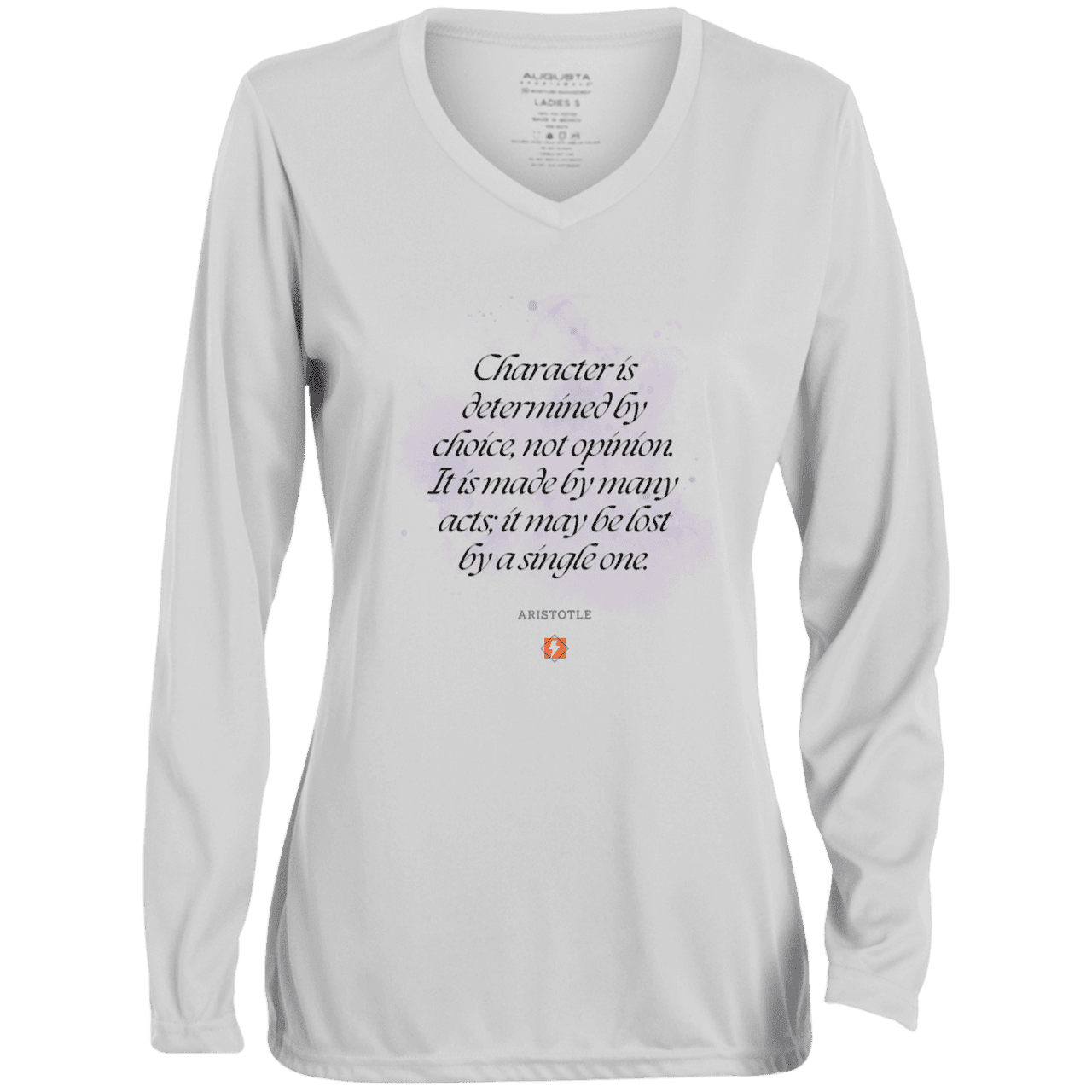 Ladies' Moisture-Wicking LS V-Neck T-Shirt with inspiring Aristotle quote: A107 - Character is the sum-total of your choices - Color: White