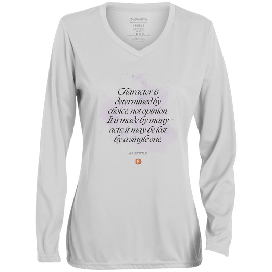 Ladies' Moisture-Wicking LS V-Neck T-Shirt with inspiring Aristotle quote: A107 - Character is the sum-total of your choices - Color: White