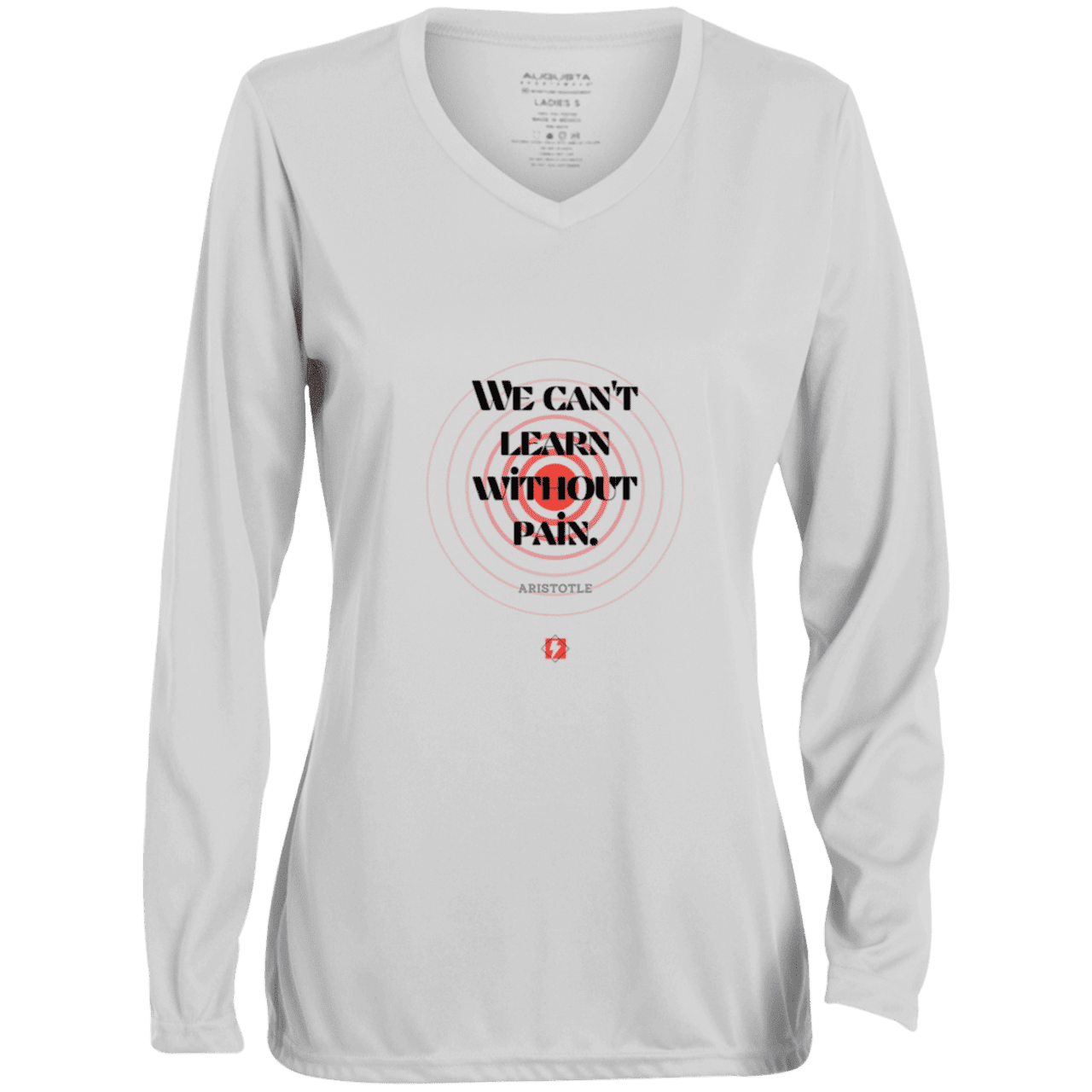 Ladies' Moisture-Wicking LS V-Neck T-Shirt with inspiring Aristotle quote: A131 - Learning comewith inspiring pain - Color: White