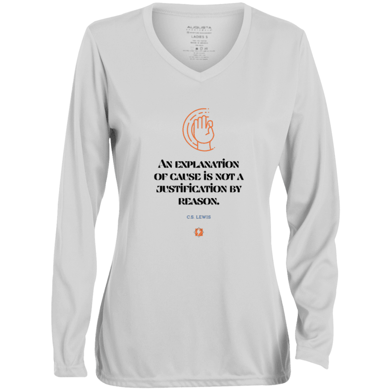 Ladies' Moisture-Wicking LS V-Neck T-Shirt with inspiring CS Lewis quote: CS102 - Explanations Vs Justifications - Color: White