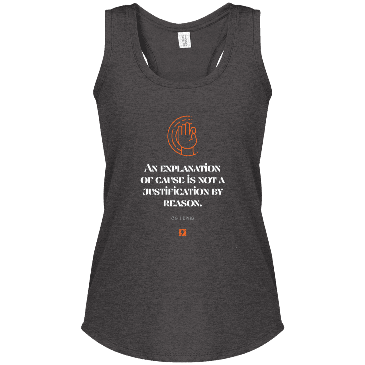 Ladies' Perfect Tri Racerback Tank with inspiring CS Lewis quote: CS102 - Explanations Vs Justifications - Color: Heathered Charcoal