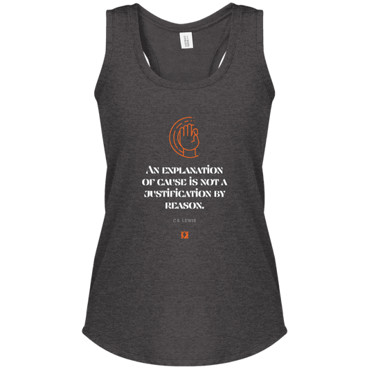 Ladies' Perfect Tri Racerback Tank with inspiring CS Lewis quote: CS102 - Explanations Vs Justifications - Color: Heathered Charcoal