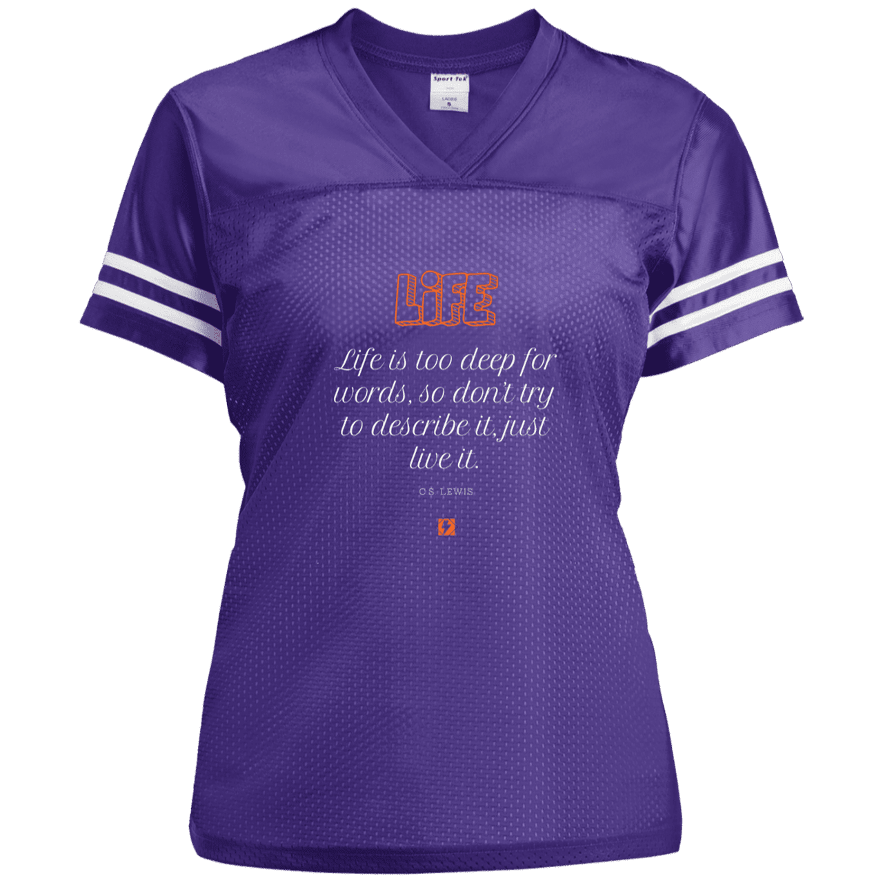 Ladies' Replica Jersey with inspiring CS Lewis quote: CS107 - Life is too deep for words - Color: Purple/White