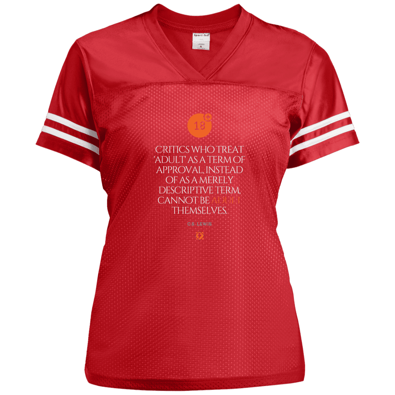 Ladies' Replica Jersey with inspiring CS Lewis quote: CS103 - Who are the Adults - Color: True Red/White