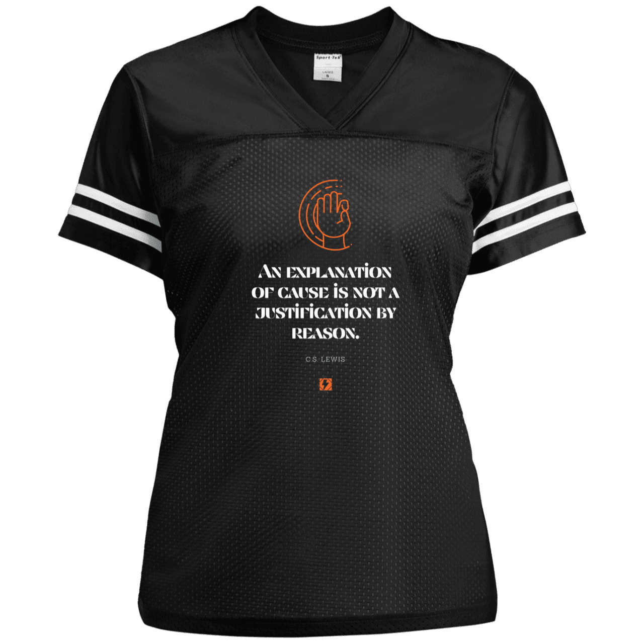 Ladies' Replica Jersey with inspiring CS Lewis quote: CS102 - Explanations Vs Justifications - Color: Black/White