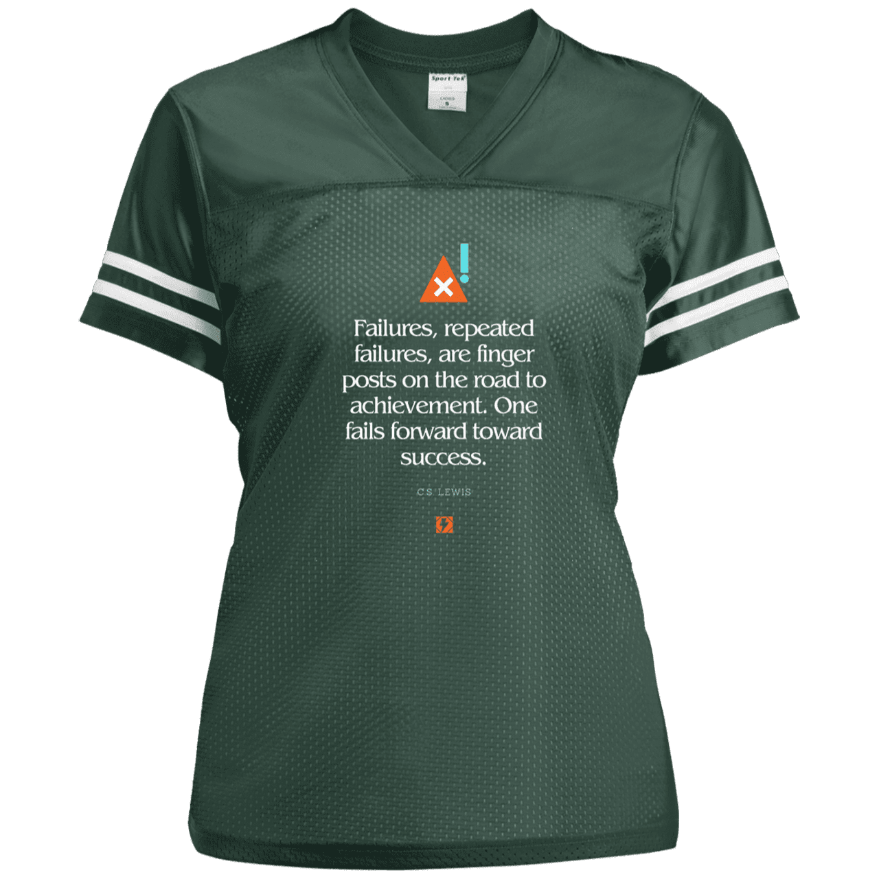 Ladies' Replica Jersey with inspiring CS Lewis quote: CS104 - Failures to Success - Color: Forest Green/White