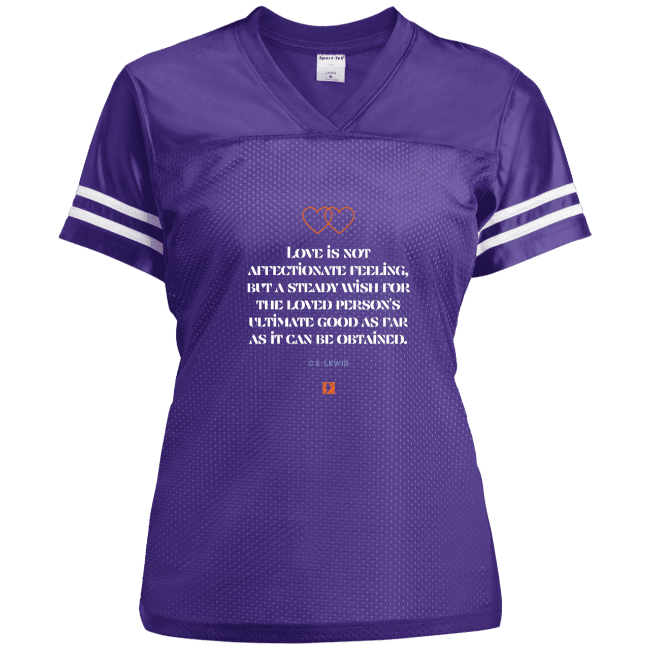 Ladies' Replica Jersey with inspiring CS Lewis quote: CS108 - Love is about the ultimate good - Color: Purple/White