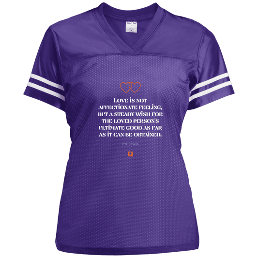 Ladies' Replica Jersey with inspiring CS Lewis quote: CS108 - Love is about the ultimate good - Color: Purple/White